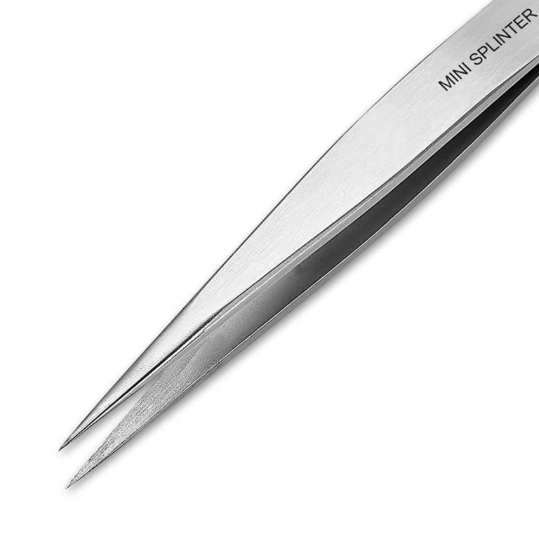 A pair of stainless steel tweezers on a white background available for purchase on Amazon.