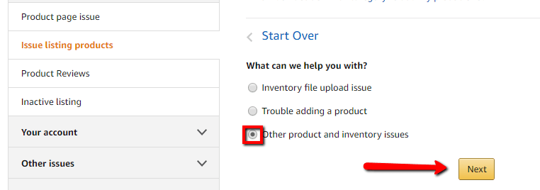 other product inventory issue seller central ticket support case id