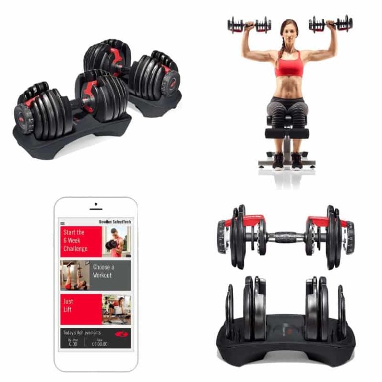Four images of a woman using dumbbells and a phone while managing her seller central on Amazon's marketplace.
