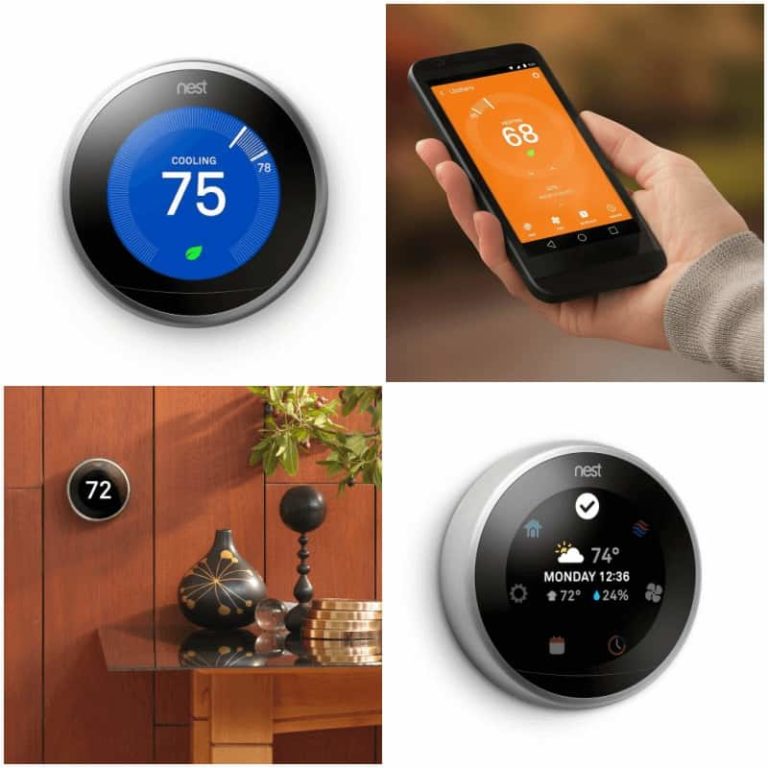 A collage featuring various Nest thermostats available on Amazon.