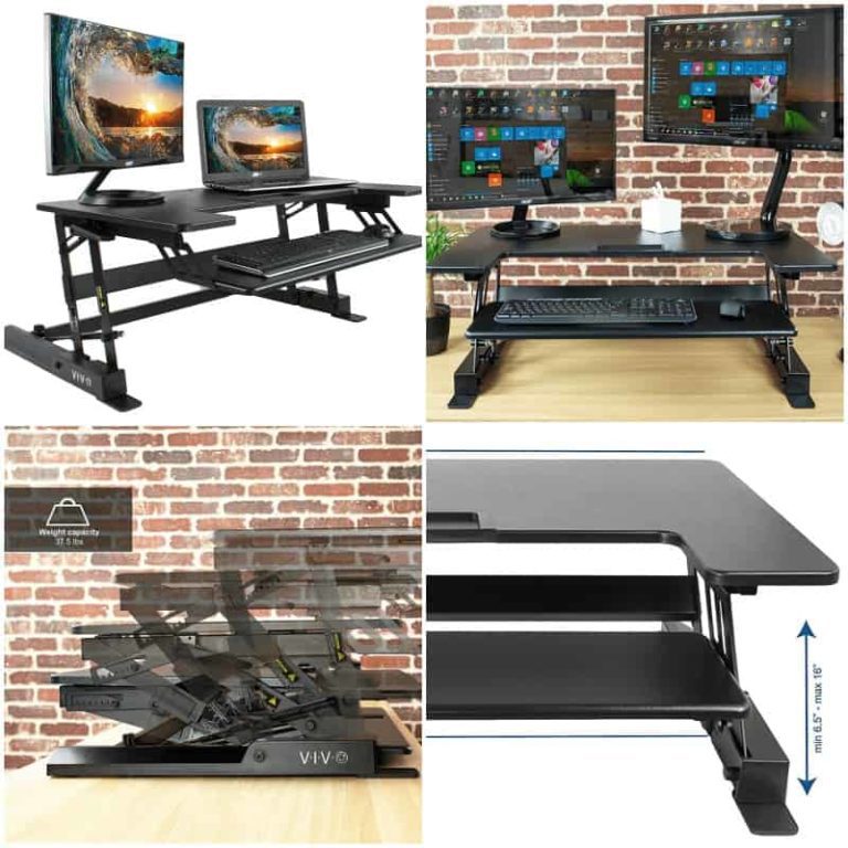 Four pictures of a standing desk with two monitors and a laptop available for sale on Amazon's marketplace.